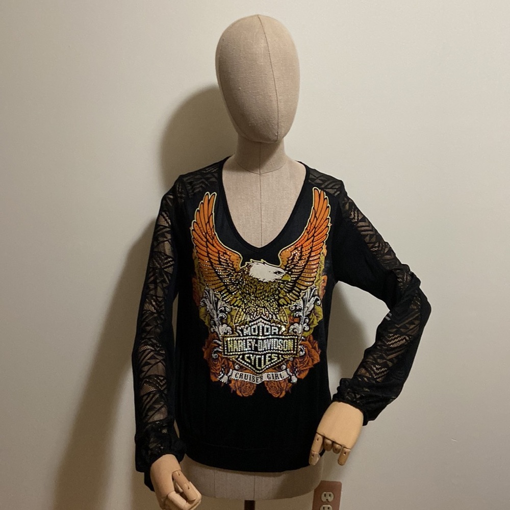 Harley Davison long sleeve shirt with gold and orange sequin and lace.  D22